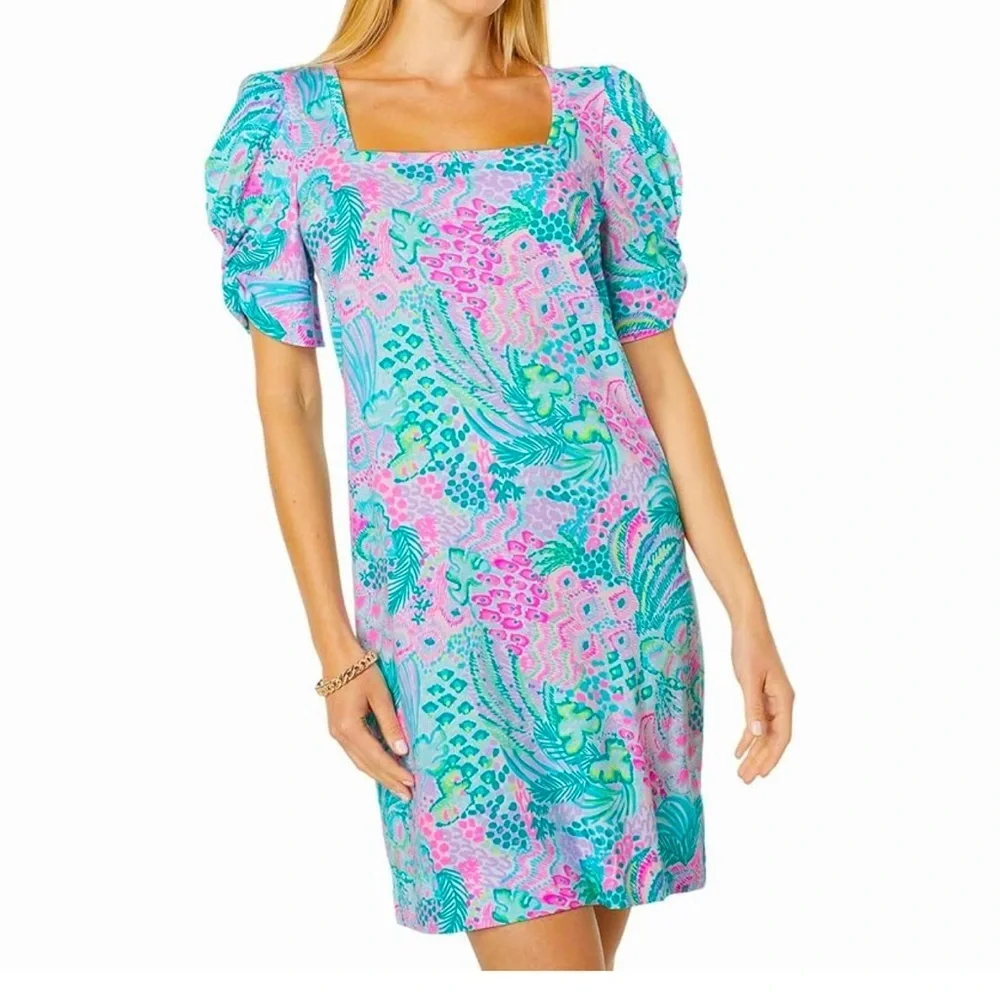 Lilly Pulitzer Haydn Short Sleeve Dress Square Neckline with Puffed Sleeves